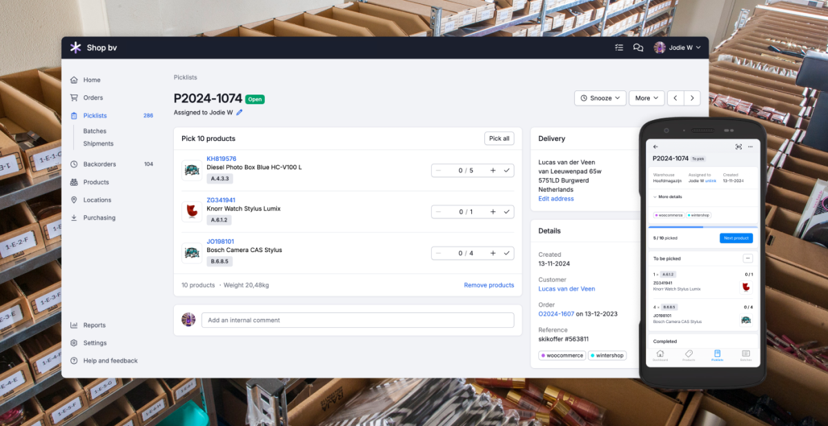 Picqer warehouse management integrated with Magento Hyv&auml; for order picking on desktop and mobile.