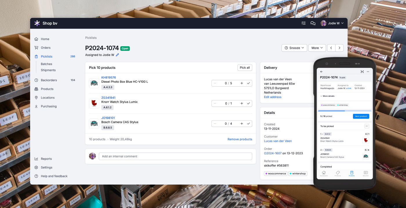 Picqer warehouse management integrated with Magento Hyvä for order picking on desktop and mobile.